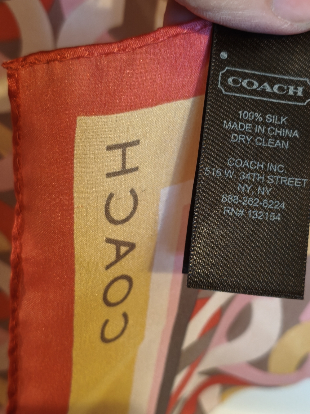 COACH 100% Silk 35" X 35" Signature C Pink, Cream & Gold Geometric Scarf - Picture 8 of 12